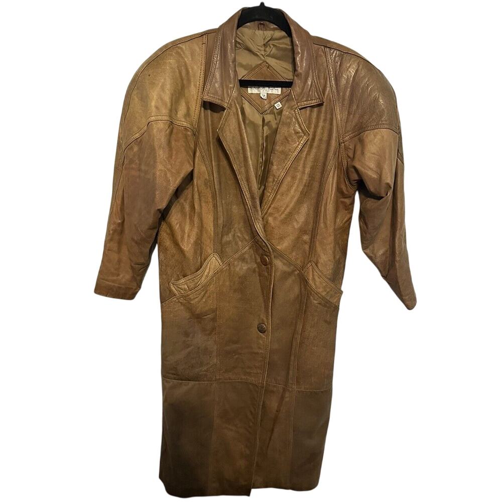 Women's Leather Trench Coat Laurice Vintage 80-90s Brown Pads Size Small Korea